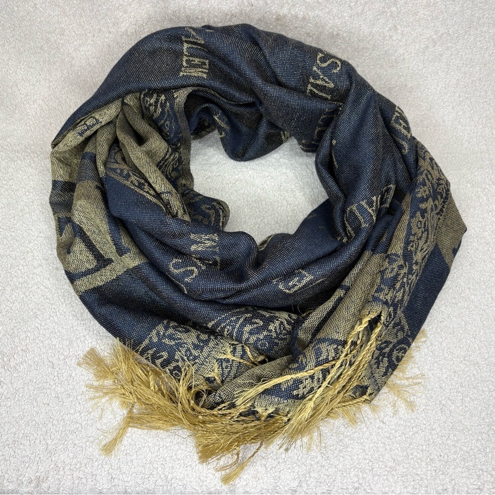 Cashmere Jerusalem Fringe Women’s Scarf Dark Gray & Tan 68” x 26” Shawl 100% EUC